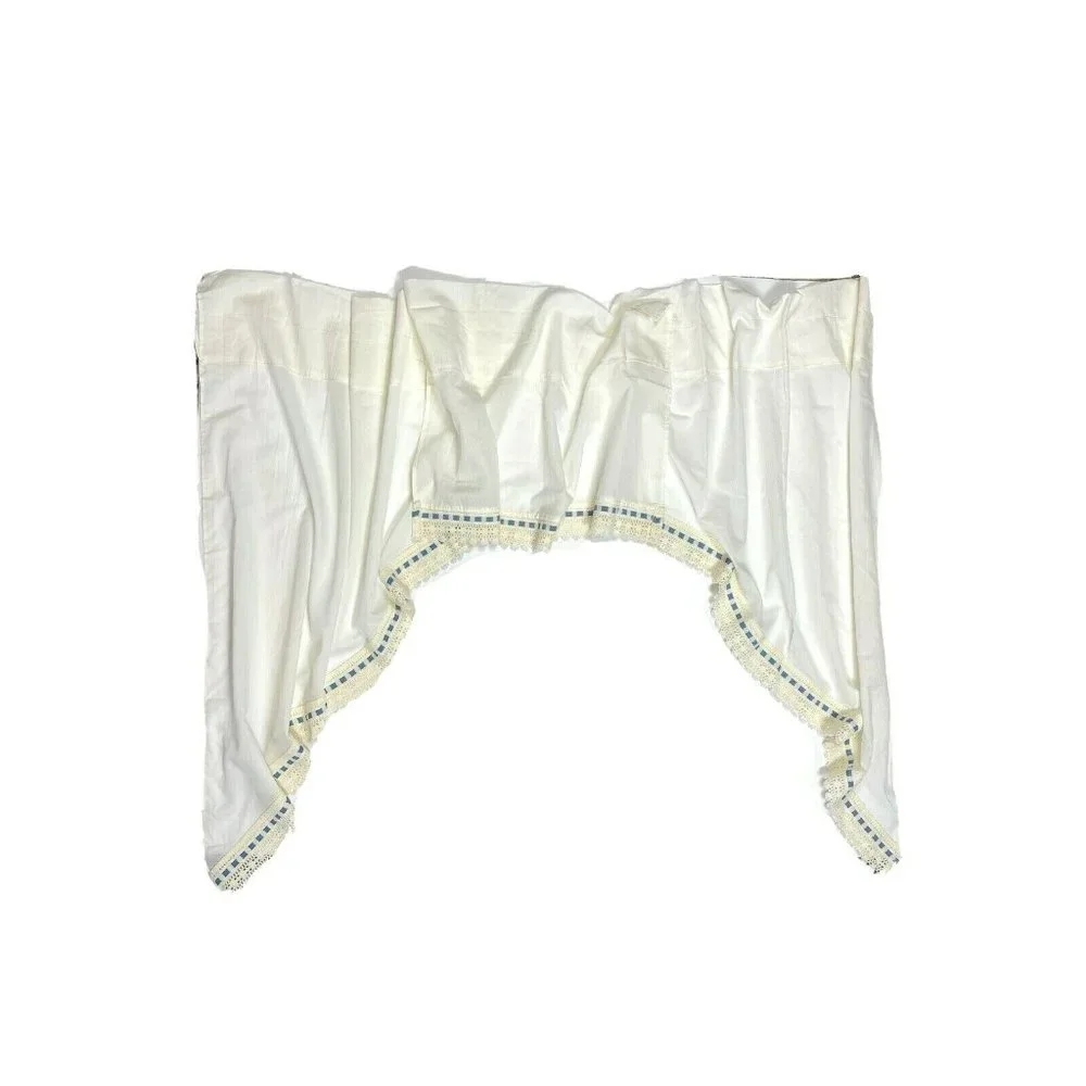 Vintage Set Window Treatments Curtains Valances White Blue Farmhouse Shabby Chic